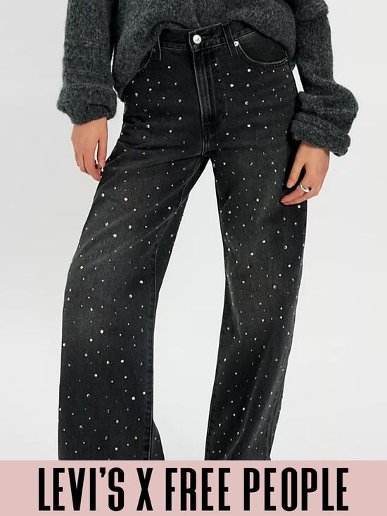 Levi's Denim - Levi’s ribcage wide-leg jeans 28 high rise embellished pant black rhinestones